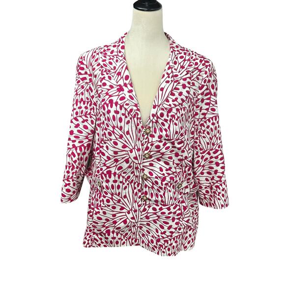 Quiet Luxury Statement Print Blazer Rena Lange Pink Ivory Cotton Size 16 - Picture 1 of 11